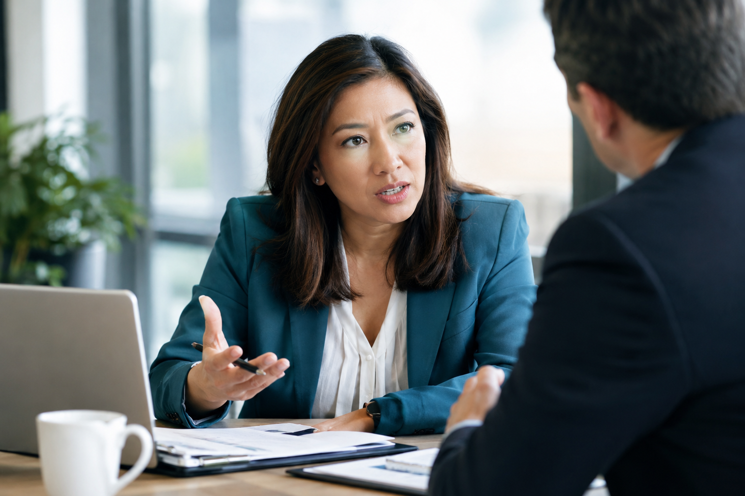 Executive challenging assumptions during high-stakes negotiation