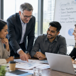 Executive reviewing growth plans with high-performing team members