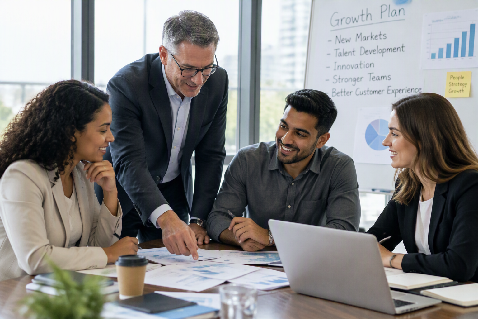 Executive reviewing growth plans with high-performing team members